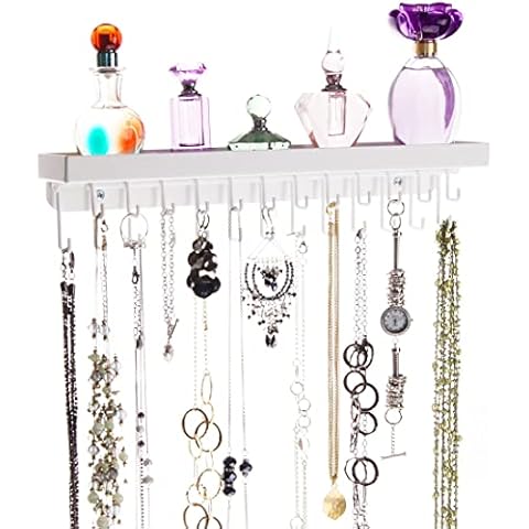 Angelynn's Wall Mounted Necklace Holder Bracelet Organizer with Tray Shelf, Hanging Closet Jewelry Storage Rack, Schelon White Cover