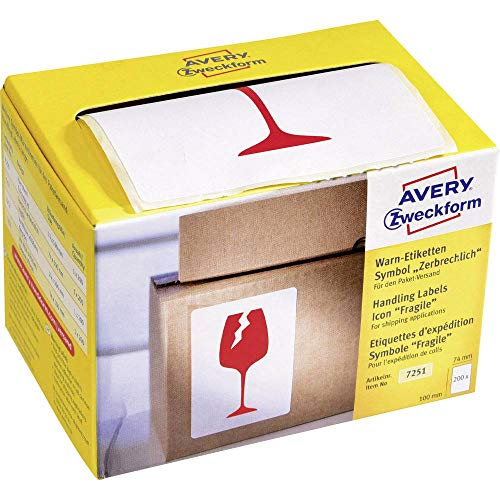 AVERY Zweckform Warnetiketten 7251 Symbol: Vorsicht zerbrechlich (200 Etiketten auf Rolle im Kartonspender, 78 x 100 mm, selbstklebend, nutzbar für Versand, Umzug, auch international ) leuchtrot