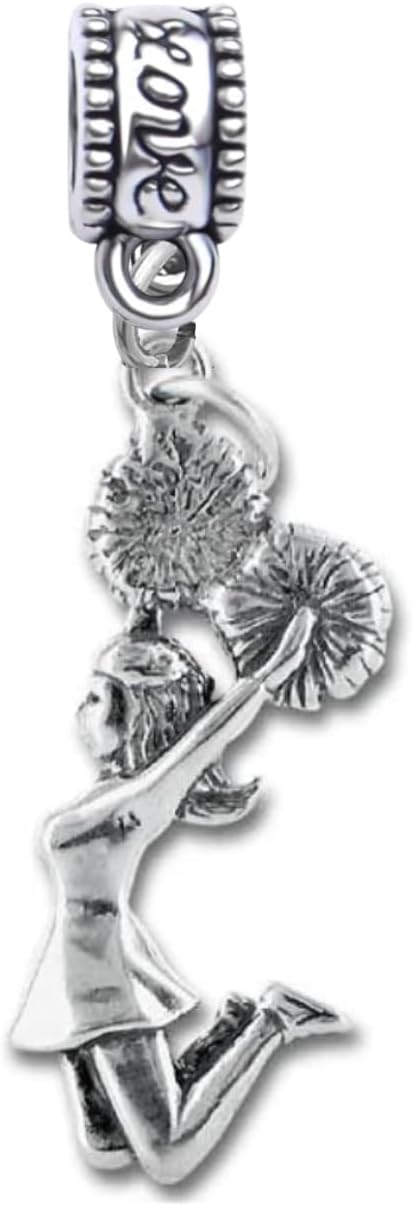 Cheerleader Charm Bead – Silver-Plated Pom Pom Dangle Charm for Cheerleaders – Compatible with Pandora, Troll, Chamilia & European Bracelets – Gift for Cheer Squad & Spirit Teams
