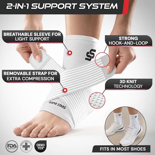 Image of Sleeve Stars Ankle Brace for Women & Men, Ankle Wrap for Sprain, Compression Sleeve for Plantar Fasciitis Relief, Easy Customizable Support: w / Removable Strap (Pair /M:10 inch-12 inch /White)