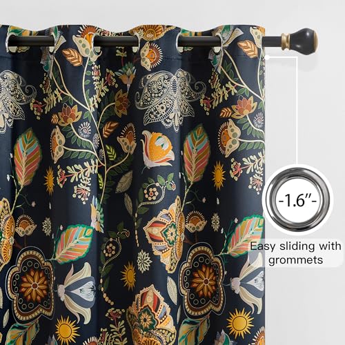 Image of XiDi Navy Blue Short Floral Patterned Blackout Curtains 54 Inches Long