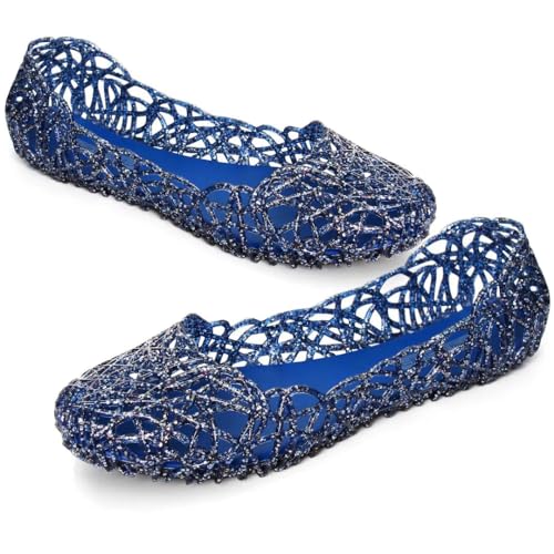Image of Stunner Women Beach Jelly Shoes Slip On Crystal Summer Hollow Ballet Flats | Summer Cool PVC Breathable Outdoor Indoor Dressy Flat Sandals for Holiday Shopping Spa Swimming Pool