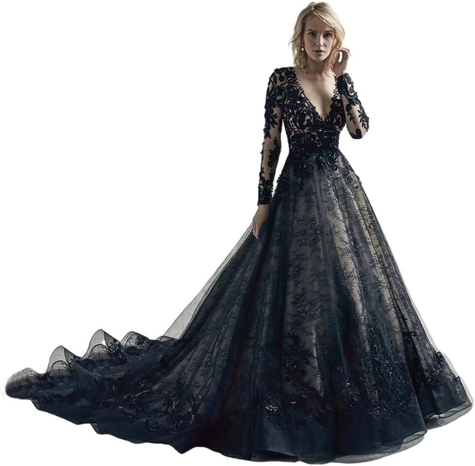 black dress with lace on top Gothic Bride Design Black Wedding Dresses Lace Long Sleeve -