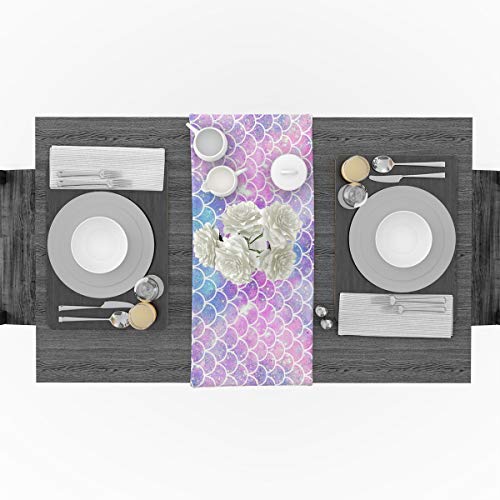 Cotton Linen Table Runner Dresser Scarves,Ombre Beauty Mermaid Fish Scale 13X70 Inch Non-Slip Burlap Rectangle Table Runners For Dining Outdoor Wedding Party Farmhouse Holiday Table Top Decor #TOP2