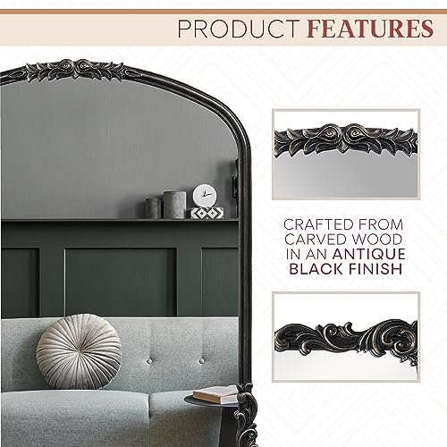 Wylde Iris 28.4X35 Inch English Estate Carved Arch Wood Wall Mirror, Antique Black, Mirror For Entryway, Living Room, Bathroom #TOP3