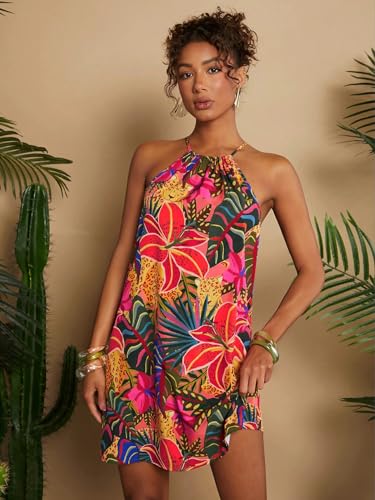 Image of KATECLO Women's Summer Halter Neck Printed Mini Dress - Casual Loose Fit Sleeveless Boho Beach Dress, Lightweight Vacation Sundress for Women