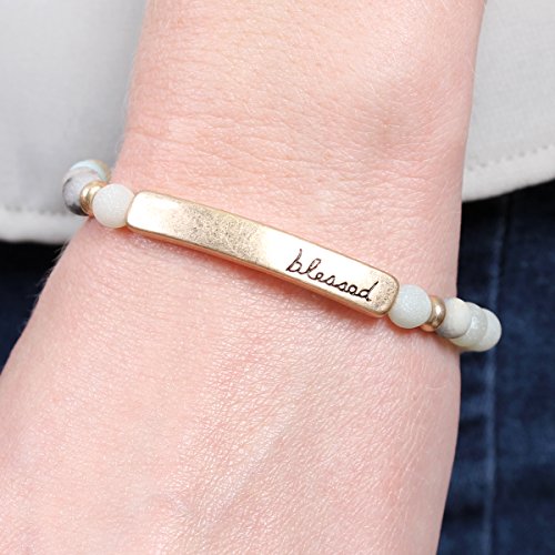 Riah Fashion 83395POM-G Cross Metallic Bar Beaded Stretch Bracelet - Religious Christian Strand Natural Stone, Sparkly Crystal Prayer Cuff Bangle thumb #1