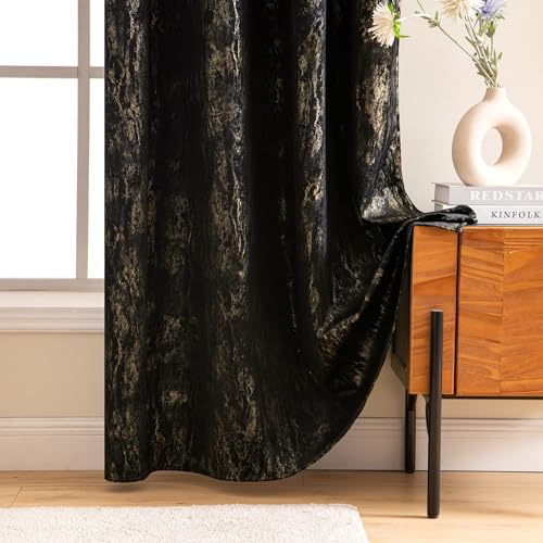 MIULEE Black Velvet Curtains with Gold Foil,2 Panel Set 72 Inch Drop Curtains,Blackout Curtains Bedroom Super Soft Thermal Insulated Eyelet Blackout Curtains for Living Room 46 x 72 Inch - Image 4