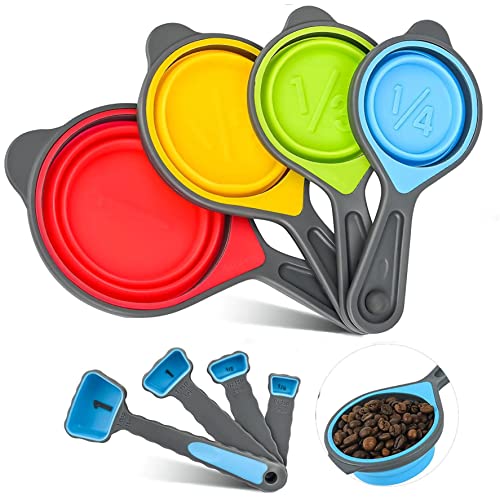 Hotsyang Collapsible Measuring Cups and Spoons Set, 8 Piece Portable Silicone Measuring Cups and Spoons for Liquid & Dry, Collapsible Camping Measuring Tools for Baking & Kitchen