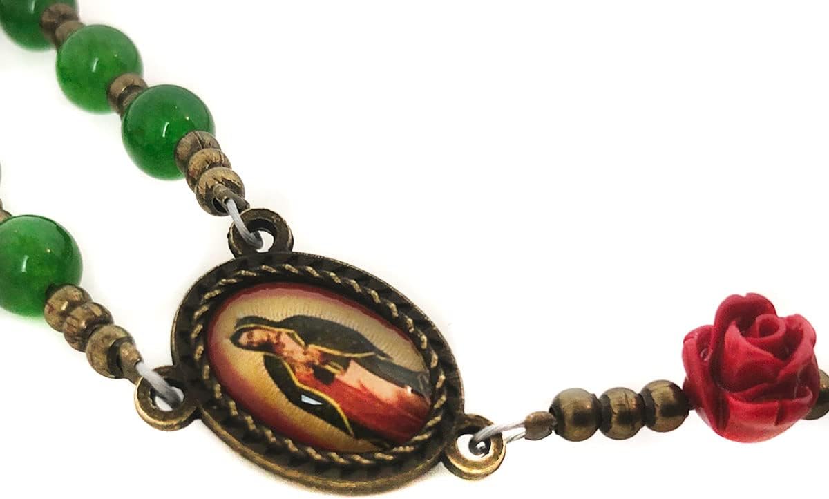 Our Lady of Guadalupe Emerald Green Jade Stone and Red Rose Rosary - Image 3