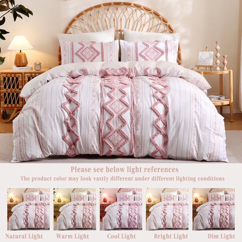 Image of Herside 100% Cotton Boho Duvet Cover Set Queen Size,Shabby Chic Aztec Western Pink Tufted Bedding,Farmhouse Luxury 3 Piece Textured Quilt Duvet Set for All Season Home Decor