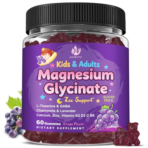 Image of Sugar Free Magnesium Glycinate Gummies for Kids & Adults - Zzz Support, Relaxation & Cognition Support, 200 /400mg Magnesium Gummies with L-Theanine, GABA, Calcium, B6, D3, C & K2, Grape Flavor, 60 Ct