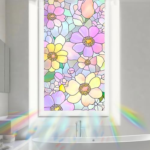 Image of Nuxovilar Sparkle Pink Yellow Mosaic Pattern Window Film 17.7x39.4 PVC | Vibrant Floral, Mosaic Cling colorful flower sticker, glass door wrap for bedroom living room balcony (Pink Yellow)