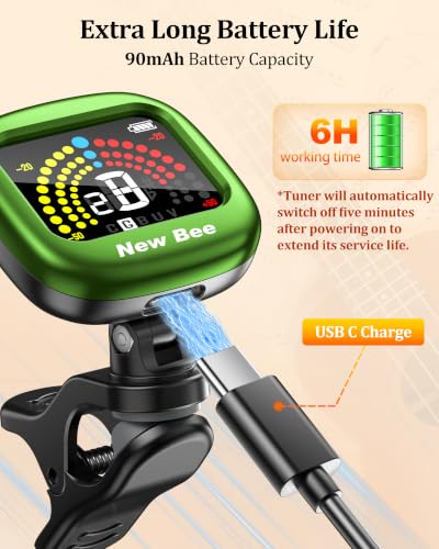 Image of New bee Guitar Tuner Rechargeable, Color Screen Clip On Tuner (Green, 1 Pack)