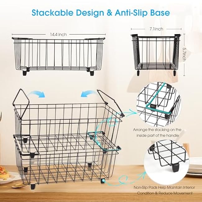Freezer Organizer Bins, 2 Pack Stackable Chest Fridge Organizer with Handles for 7 Cu.Ft, Deep Freezer Storage Baskets for Food Storage and Meats Easy Reach from Bottom Prevent Frozen Food Waste
