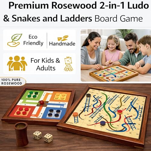 Image of Wooden Ludo Board Game with Snakes & Ladders - 2 in 1 Handmade Pure Rosewood Board Game | Classic Family Indoor Game for Kids & Adults | Travel Friendly Traditional Game with Dice & Pawns (10.5 Inch)