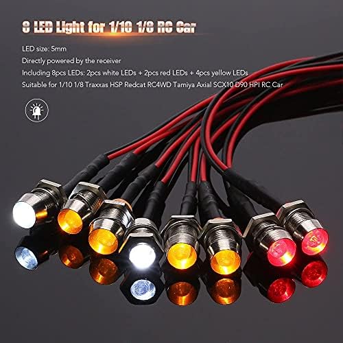 OGRC 8Pcs RC LED Light Kit Accessories RC Headlights/Taillight Kit Accessories for 1/10 1/8 Modes for Traxxas Tamiya ARRMA HSP Redcat Axial SCX10 RC Cars（2 White +2 Red +4 Yellow）