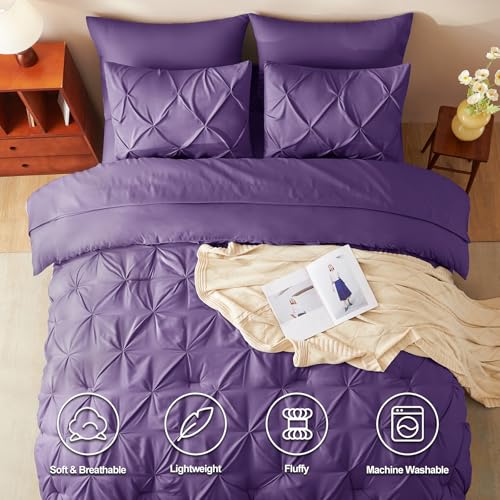 CozyLux Queen Comforter Set Purple, 7 Pieces Pintuck Bed in A Bag, Premium Purple Comforter Queen Size, Pinch Pleat Bedding Sets with Comforter, Sheets, Pillowcases & Shams