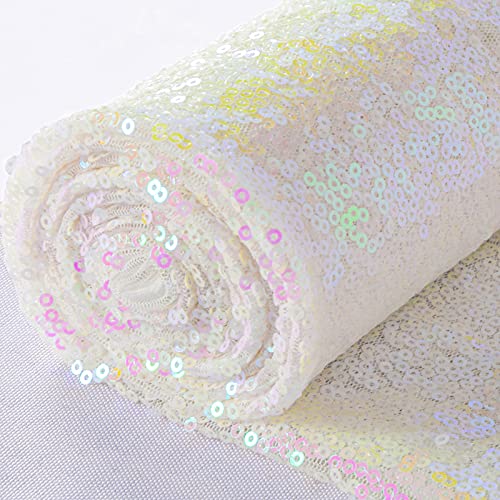 ShinyBeauty Sequin Fabric by The Yard Iridescent White,Sparkly Glilz Sequin Fabric for Wedding/Dessert Table,Fabric Xmas Tree Decorations,50inch Width-More Colors Option(3 Feet 1 Yard)