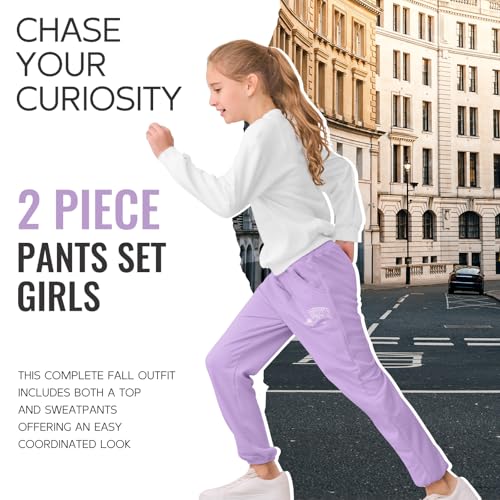 Image of DREAM BUS Girl Letter Print Clothes Drop Shoulder Sweatshirt and Pants with Pockets for Girls Tween Girl Fall Pants Set