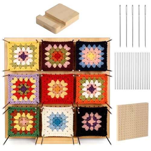 Planche de Blocage au Crochet, 20 x 20 cm Plaque de Blocages, Planche de Blocage pour Granny Square, Accessoire Crochets, avec 1 Base, 10 Tiges en Acier Inox,...