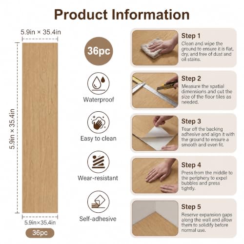 Peel and Stick Floor Tiles, 35in×5.9in 36-Pack Wood Grain Vinyl Flooring, 52 Square Feet, Easy DIY Self-Adhesive Flooring for Kitchen/Bedroom/Living Room, Light Brown. by OIGFDS - Used condition - Image 3