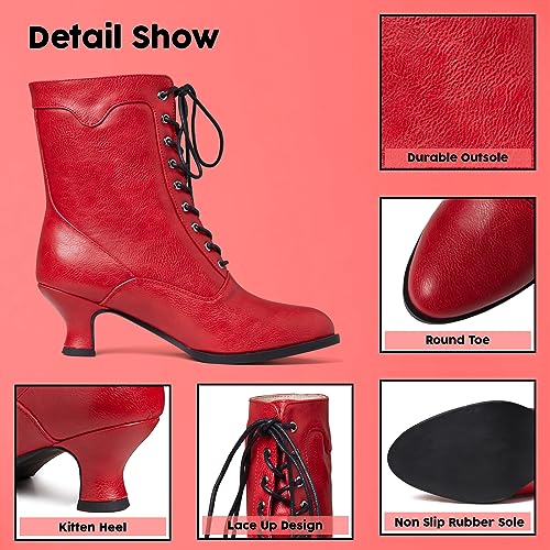 Image of Women's Victorian Ankle Boots - Mid Calf, Round Toe, Black Boots with Chunky Heel & Lace Up Detail
