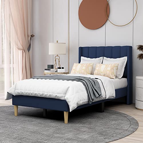 Image of AGARTT Upholstered Platform Bed Frame Twin Size, Blue Velvet