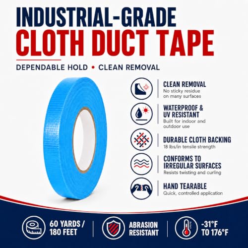 Image of GGR Supplies CDT-36 Industrial Grade Cloth Duct Tape, Sky Blue 1 /2 Inch x 60 Yards, Waterproof UV Resistant Heavy Duty, Clean Removal with No Sticky Residue for Repairs, Packaging, and Bundling