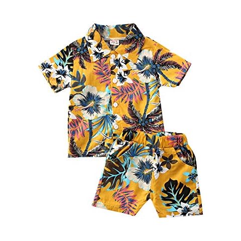 WangsCanis Baby Boys Clothing Set 2Pcs Boys Sets Clothes Fashion Button Down Floral Printing T-Shirt Top+ Drawstring Bermuda Short Pants CasualBoys Outfit Summer Outfits (Yellow, 1-2Y) Cover