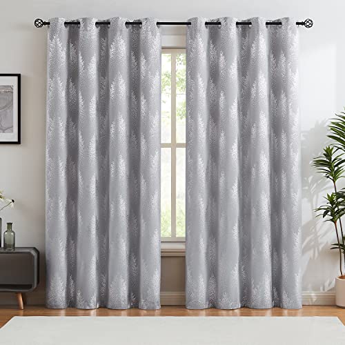 Grey Blackout Curtain Panels For Bedroom Shinning Silver Forest Tree Print Full Blackout Curtain Drapes Energy Efficient 100% Blackout Window Curtain Panels For Living Room 50"Wx84"L 2Pcs Grommet Top #TOP5