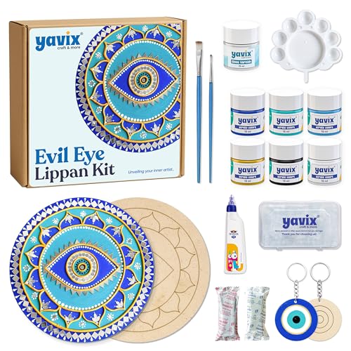 Image of YAVIX Evil Eye Lippan Kit | Complete DIY Craft Set with 2 Premarked Round MDF Boards & 2 Premarked Keychains, Acrylic Colors, Mirrors, Moulding Clay & Varnish | Ideal for Gifting, Artists & Beginners (Evil Eye)