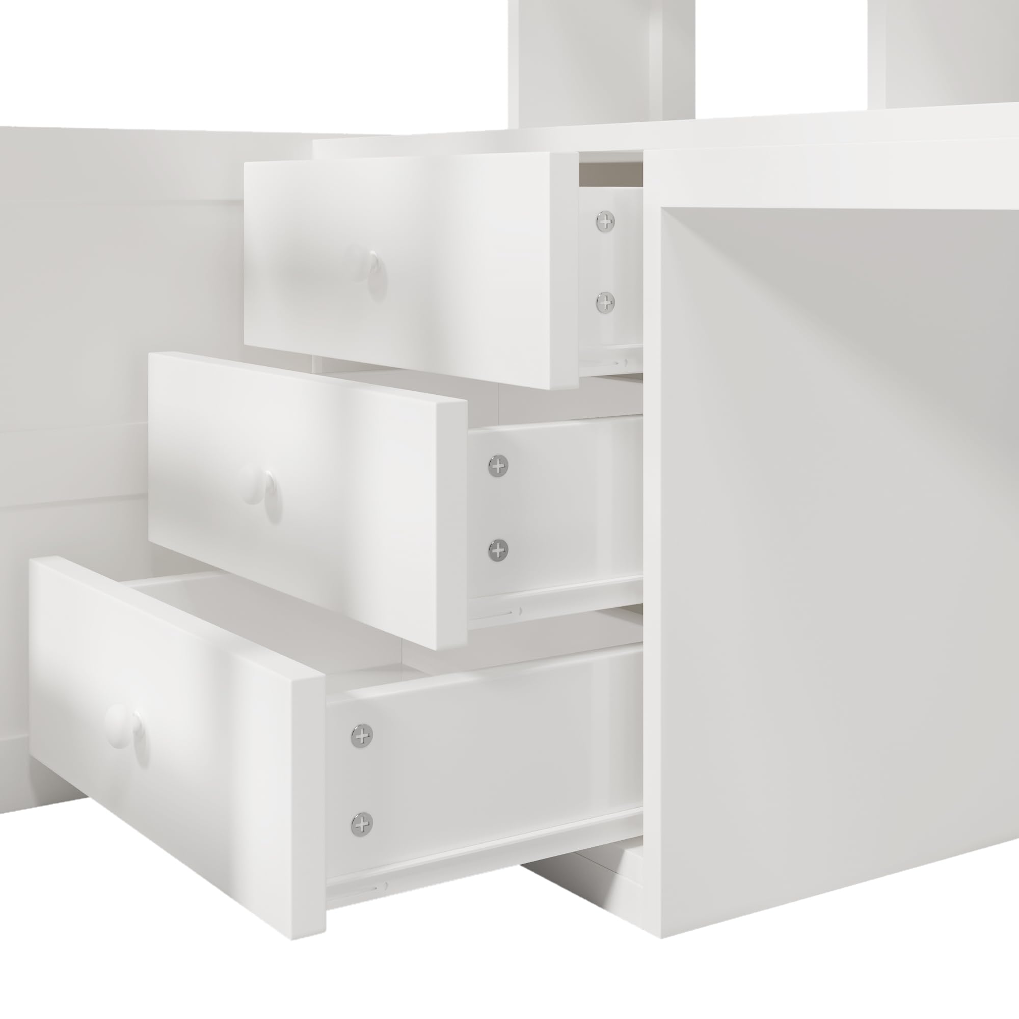 Moimhear Hochbett, Mit LED-Leuchten, Kleiderschrank und Schreibtisch, mit Schubladen und Staufächer, Ohne Matratze, Weiß (90x200cm)