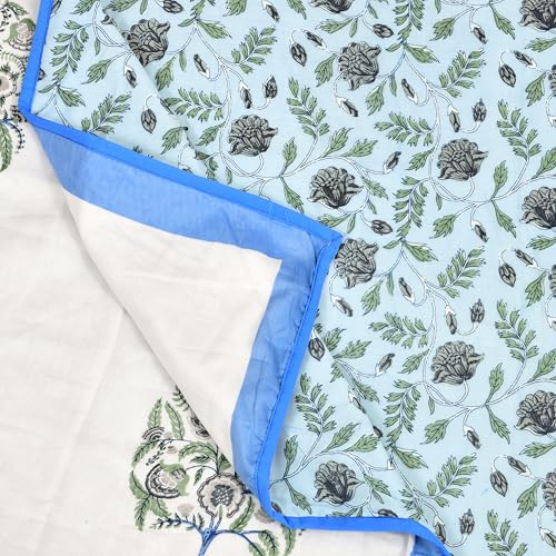 Image of BLOCKS OF INDIA Hand Block Printed Cotton Single Size Reversible Malmal Dohar for Summer (Blue Tree of Life)