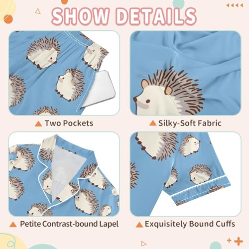 senya Gray Cute Hedgehog Blue Satin Summer Pajama Sets Silk Short Sleeve Button Down Sleepwear3