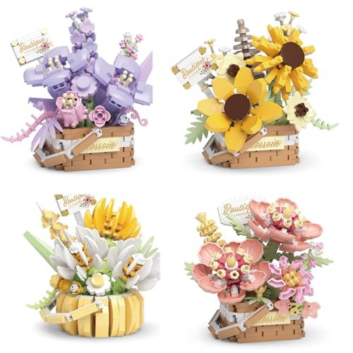 Insgen Flower Bouquet Building Decoration Bonsai Basket Miniature Blocks Set, Artificial Flowers Toys Botanical Collection DIY Unique Home Decoration (4set)