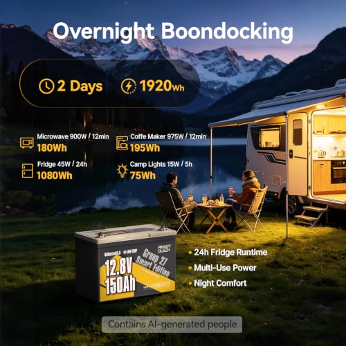Image of Power Queen 12V 150Ah LiFePO4 Lithium Battery Bluetooth for Marine, RVs | Group 27,150A BMS, Up to 15000 Cycles, IP65 Waterproof, Low Temp Protection, 1920Wh for Trolling Motor, RV Motorhome, Solar