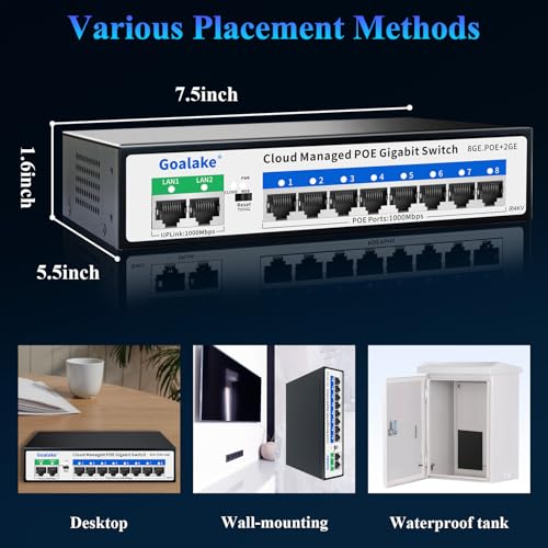 Image of 10-Port Ethernet PoE Switch (8 Gigabit PoE Ports, 2 Uplinks) with Extend Function, Easy Smart Managed Ethernet Switch, Plug & Play, Fanless Metal Design, VLAN, Qos,Desktop /Wall Mount