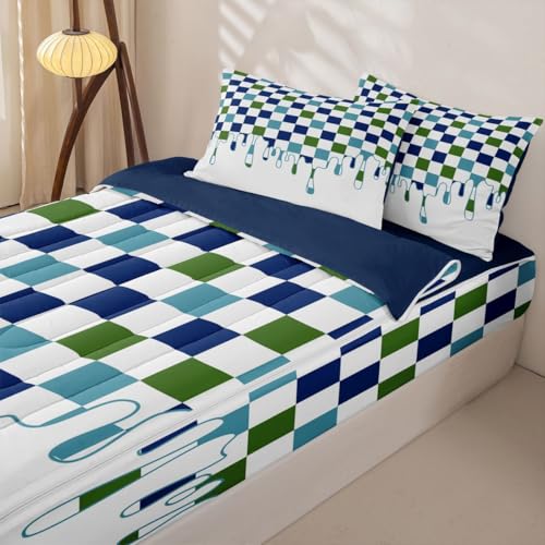 Image of Blue Green Checkered Zipper Bedding Twin - 4 Piece Zip Up Comforter Set with Fitted Sheet & Pillowcases,Soft Bed-in-a-Bag Set for Bunk Beds & Rvs,Checkerboard Drip Indie Aesthetic Funky Geometric
