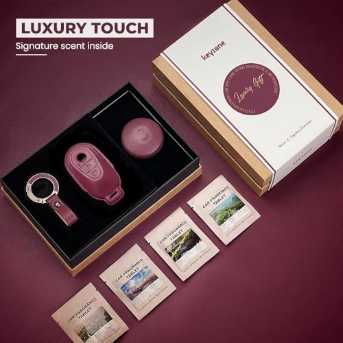 Image of Keyzone Premium Leather Key Cover & AC Vent Car Perfume Combo (4 Fragrances) | Compatible for Mercedes-Benz S, G, E-Class 2022+ 3-Button Smart Key | Perfect for Gifting (Wine Red)