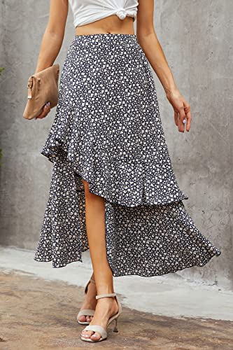 BTFBM Women 2026 Spring Summer Long Skirts Dress Boho Floral Elastic Waist Split Ruffle High Low Beach Maxi Skirt Clothes(Z-Navy, X-Large) — view 5