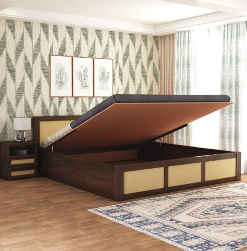 Image of Solid Sheesham Wood Queen Size Bed with Hydraulic Storage Wooden Double Bed Cot Palang Furniture for Bedroom Living Room Home Furniture (Walnut Finish) | 1 Year Warranty