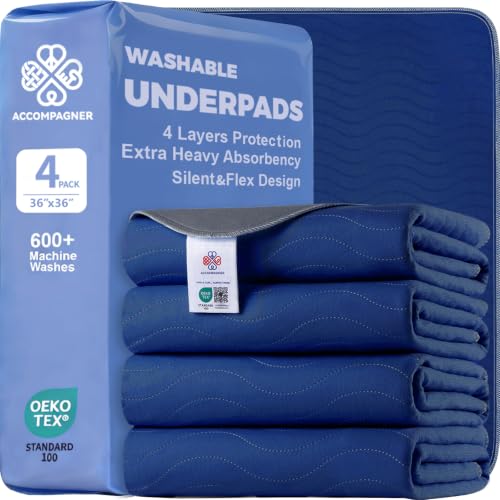 Image of Accompagner Incontinence Bed Pads Washable Waterproof, Ultra-Absorbent Reusable Underpads for Diaper Changing, Nursing, Bedridden, Adults, Seniors, Kids and Dogs (Navy, 36 inchx36 inch(Pack of 4))