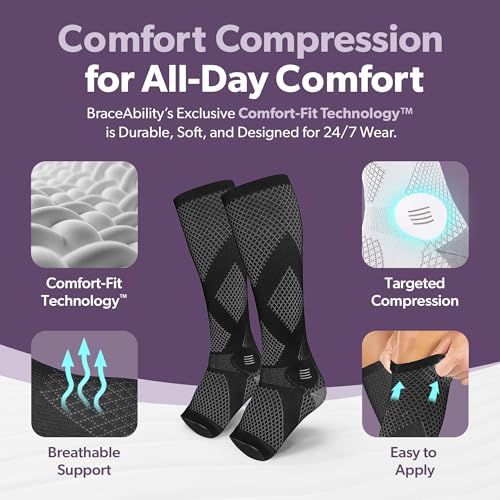 Image of BraceAbility Compression Socks for Circulation - (2 Pairs) 20-30 mmHg Knee High Neuropathy Open Toe Stockings Best for Varicose Veins, POTS, Restless Leg, Toeless Support for Men or Women (L - Gray)