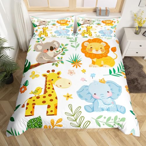 jejeloiu Kids Zoo Animal Comforter Cover Set Toddler Size Koala Lion Giraffe Elephant Bedding Set for Boys Girls Cute Wild Animals Duvet Cover Bedspread Cover Quilt Cover,No Stuffing