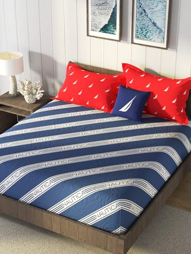 Image of NAUTICA Cotton King Bedsheet with 2 Pillow Covers -3pc Set (noridge) | 160TC | Super Soft Touch Stripe-Blue