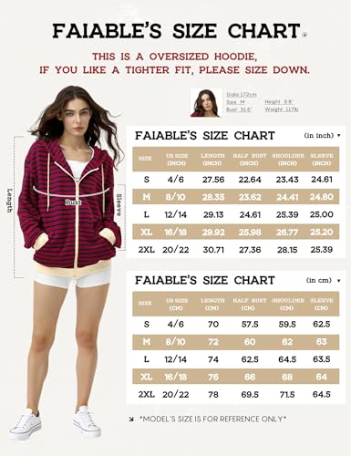 FAIABLE Striped Zip Up Hoodie Women Oversized Sweatshirt Hoodies Zipper Sweaters Pullover Cotton Vintage Preppy Shirt Outfits