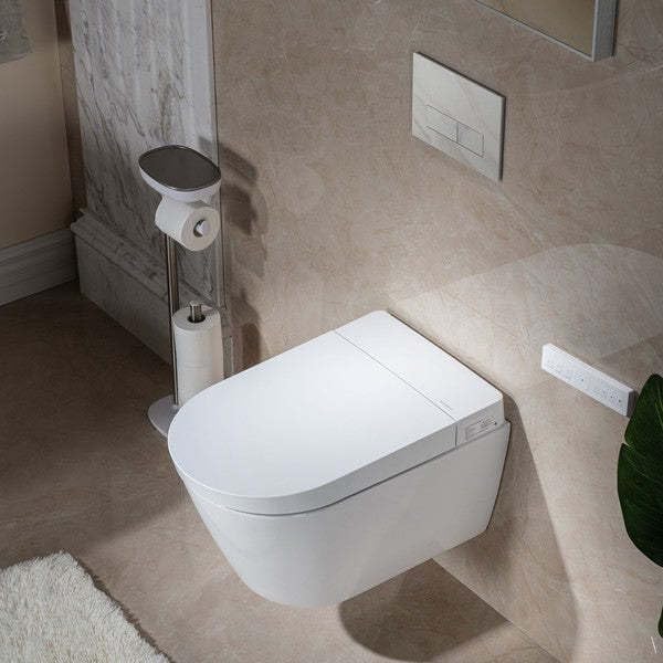 Compact Elongated DualFlush WallMounted Toilet with Bidet Wash Heated Seat Dryer Concealed Tank System and Slim Flush Plates Made of White Marble Stone