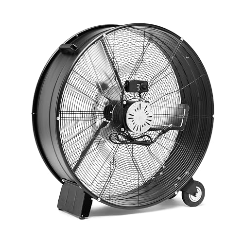 Amazon Basics 30" 300W High-Velocity, Heavy-Duty Industrial Fan, Drum Fan, with UL-Certified Safety Compliance, 2 Speeds, Up to 12,480 CFM, 5.9-ft Power Cord, 2 Wheels, Metal Housing/Blades, Black