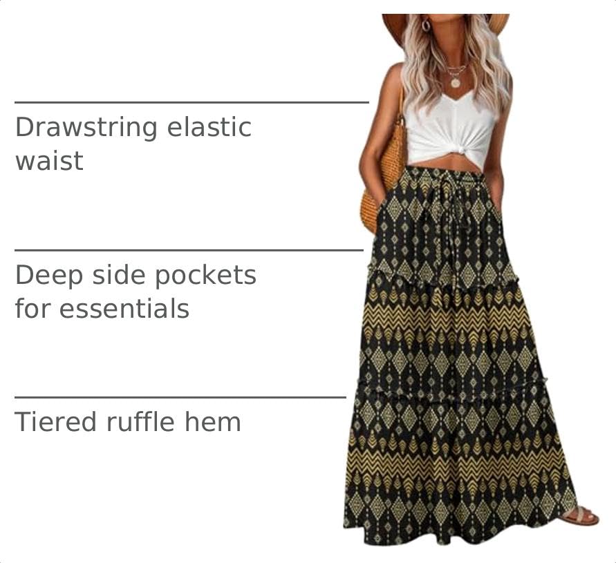 Image of Lepunuo Womens Casual Boho High Waisted Flowy Maxi Skirts Tiered Floral Long Skirts with Pockets for Summer Beach Vacation